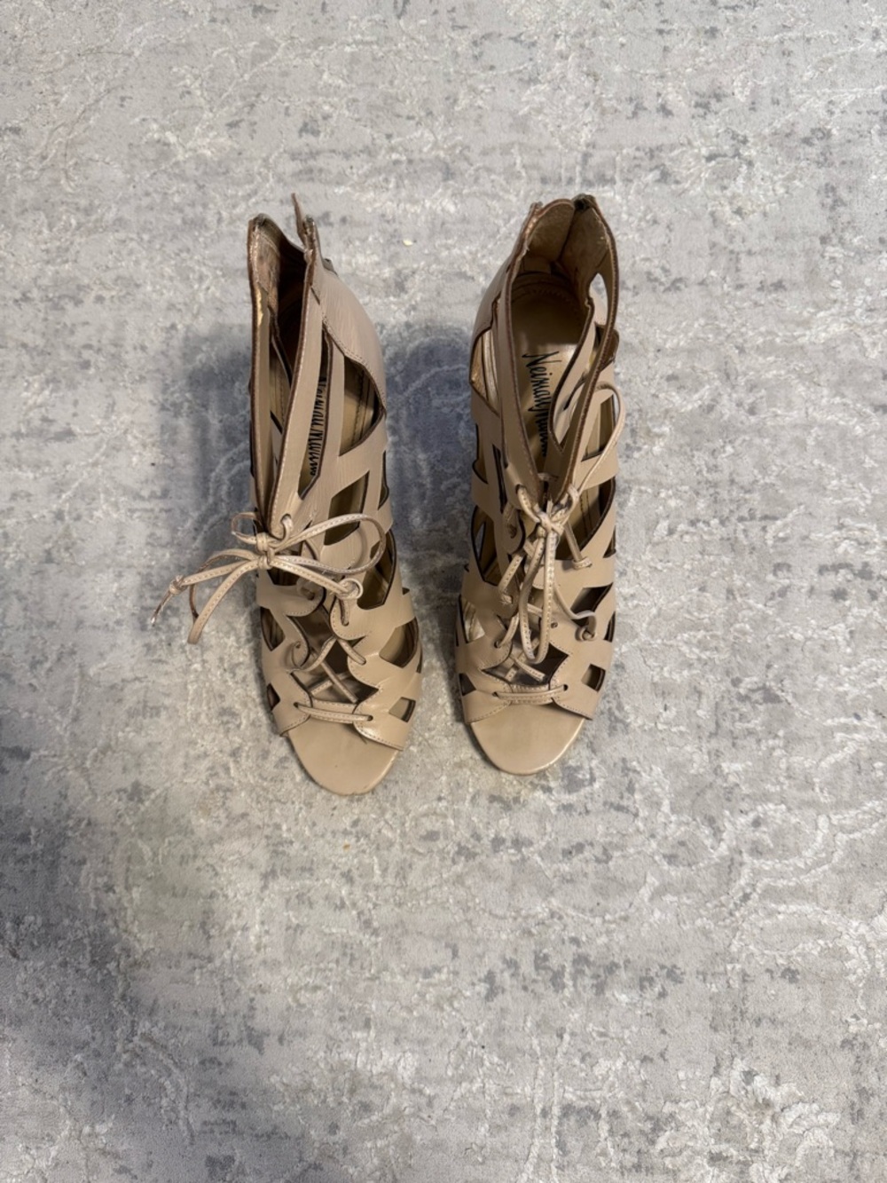 Neiman Marcus Nude Lace-Up Cage Heels